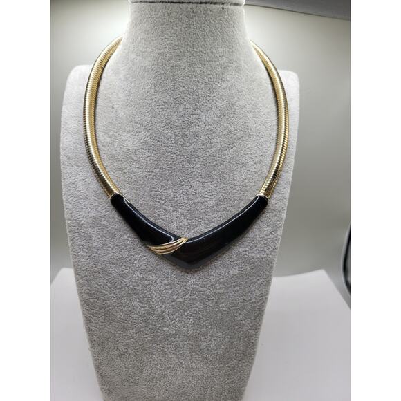 Vintage Gold Tone Collar Necklace w/ Black Enamel V Center - Picture 1 of 9